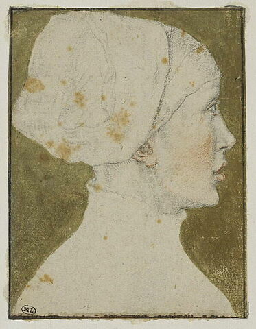 Jeune femme, en buste, de trois quarts de dos, en coiffe blanche