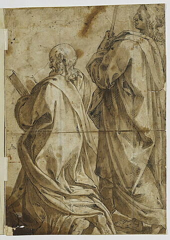 Deux figures d'apôtres, l'un lisant, l'autre tenant un bâton