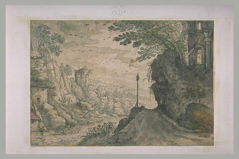 Vallée rocheuse et boisée, avec route animée d'un carosse, image 1/1