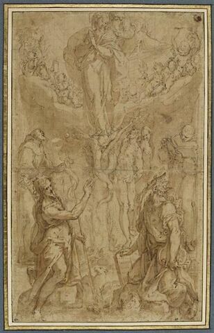 L'Immaculée Conception entourée de saint Jean-Baptiste, saint François, Adam, Ève, saint Dominique (?) et le roi David