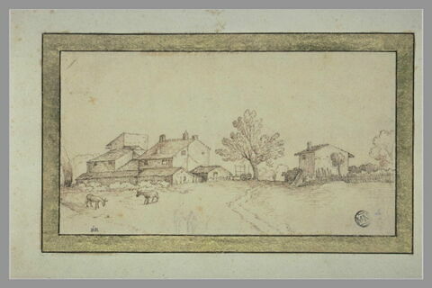 Paysage avec maisons de part et d'autre d'un arbre, une charrette et deux ânes, image 1/1