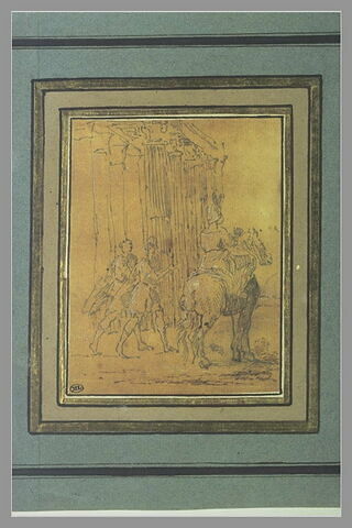 Etude de deux hommes et d'un cavalier près d'un édifice à colonnes, image 1/1