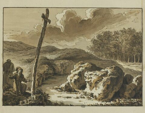 Deux moines priant près d'une croix dans un paysage, image 1/1