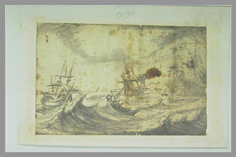 Une barque et deux vaisseaux sur une mer orageuse, image 1/1