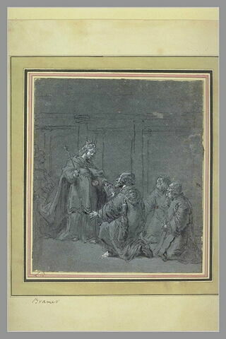 Une reine remet un livre à un des trois personnages agenouillés devant elle