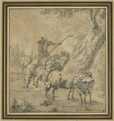 Un berger conduisant un troupeau à l'abreuvoir