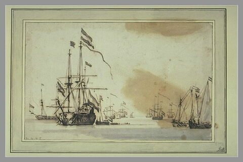 Escadre hollandaise à l'ancre, et petites barques à voiles