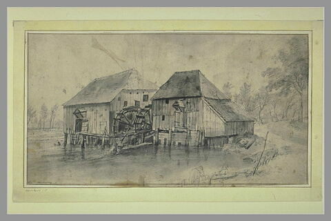 Vue d'un moulin à double roue à aube, en bois, sur les bords d'un canal, image 1/1