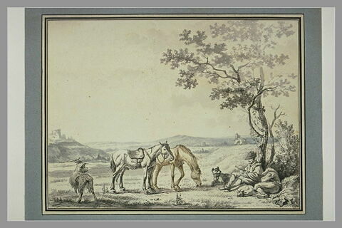 Paysage avec deux personnes endormis, deux chevaux, deux chiens, image 1/1