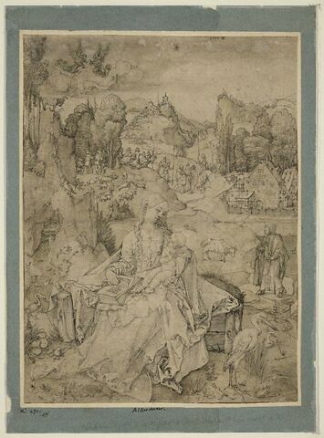 Vierge à l'Enfant dans un paysage avec une multitude d'animaux et, dans le fond, l'Annonce aux bergers