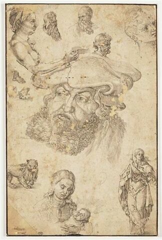 Feuille de douze études tirées de gravures de Dürer, image 1/2
