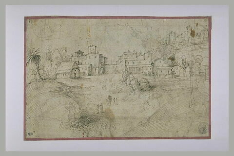 Maisons dans un paysage toscan valonné, dominées par un château fort, image 1/1