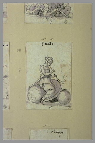 Erato, muse de l'Hyménée et de la Poésie érotique, assise sur un globe, image 1/1