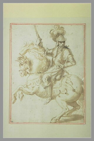 Etude d'un soldat à cheval tenant sa lance de la main droite