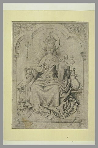 La Vierge, couronnée, et l'Enfant Jésus, sur un trône, image 1/1