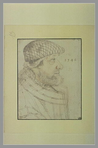 Buste d'homme barbu, vu de profil, tourné vers la droite, image 1/1