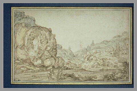 Vallée, un chemin serpentant sur le flanc d'une colline, et deux figures, image 1/1
