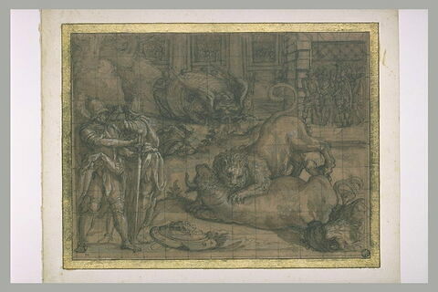 Combat d'un taureau et d'un lion. Plusieurs personnages armés, image 1/1