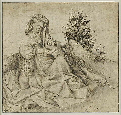 Jeune femme dans un paysage, jouant d'un orgue portatif