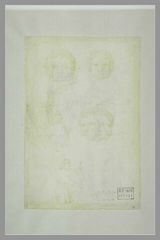 Une tête d'enfant et deux têtes d'enfant à trois visages ; deux anges