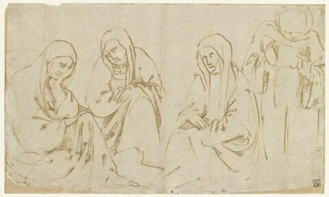 Les Saintes Femmes, assises, se désolant, et un moine, debout