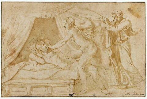 Femme nue, s'approchant d'un homme attaché sur un lit pour le tuer