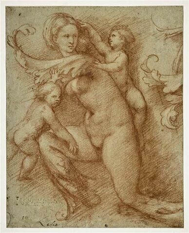 Figure de femme nue dont les pieds et les mains se terminent en feuilles d'ornements, accompagnée de deux putti, image 1/2