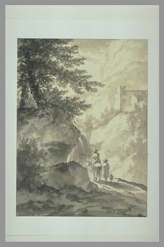 Deux personnages sur un chemin traversant un défilé montagneux