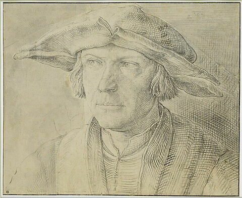 Portrait d'homme, de face, portant un chapeau à larges bords