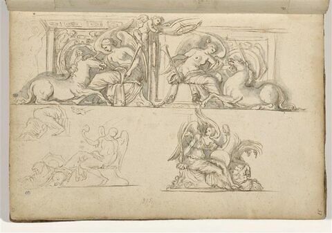 Quatre études de motifs décoratifs : figures féminines ailées assises ..., image 1/3