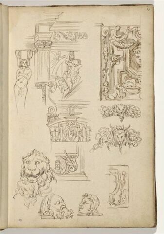 Etudes de motifs décoratifs : têtes d'homme et de lion, image 1/2