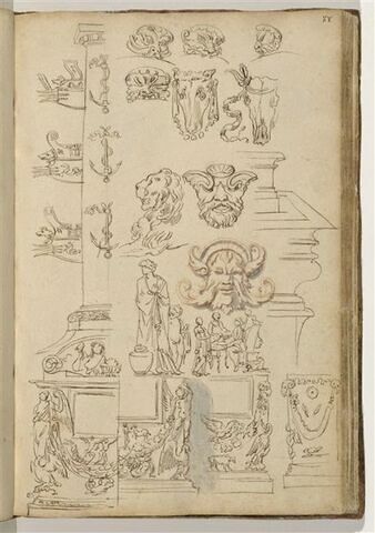 Etudes de motifs décoratifs : colonnes avec proues de galères, mascarons,..., image 1/2