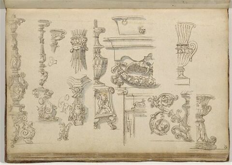 Etudes de motifs décoratifs: candélabres, mascarons, cuve, entrelac et vases