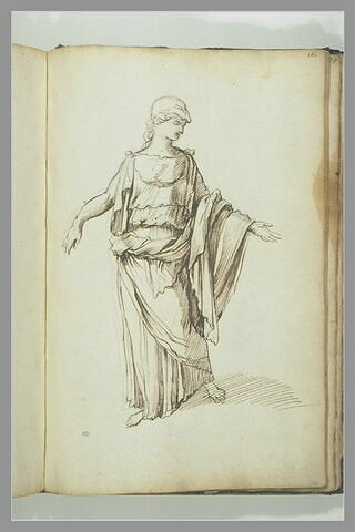 Femme debout vue de face écartant les bras, la tête tournée vers la droite, image 2/2