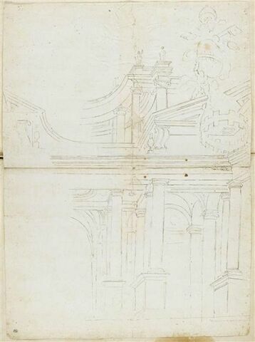 Etudes de façade architecturale avec un fronton aux armes papales...
