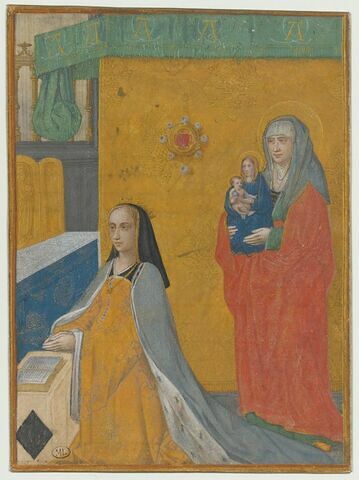 Anne de Bretagne agenouillée en prière avec, derrière elle, sainte Anne tenant une Vierge à l'Enfant