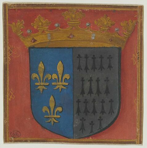 Écu aux armes de France parties de celle de Bretagne, sommé d'une couronne, image 1/2
