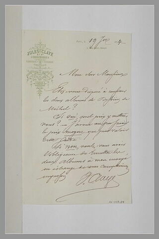 Lettre manuscrite de Jules Claye, datée du 19 Septembre 1874