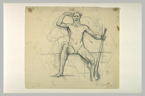 Etude pour un pendentif : homme nu, assis, pointant son index sur son front, image 1/1