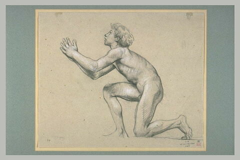 Jeune garçon nu, à genoux et priant, tourné à gauche