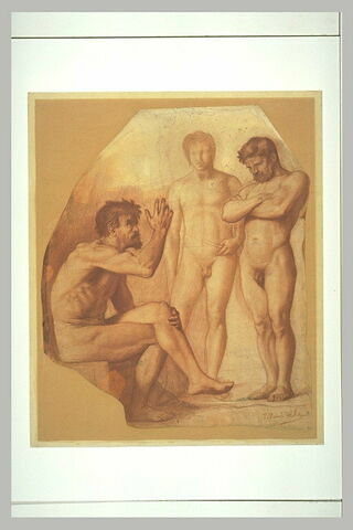 Deux hommes nus debout écoutant un homme nu assis, image 1/1