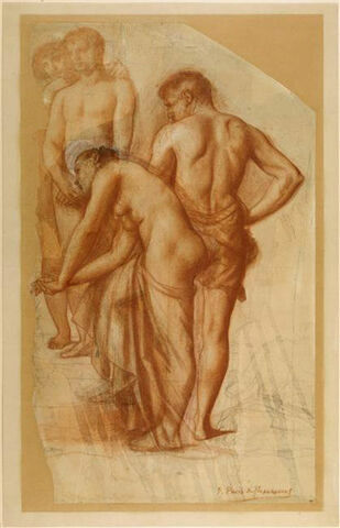 Groupe de quatre figures, dont une femme, tournées vers la gauche, image 1/2