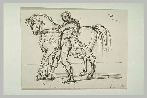 Homme nu, de profil à gauche, maintenant un cheval tourné vers la gauche