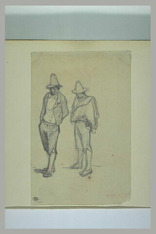 Deux hommes debout, de profil à gauche, coiffés de chapeaux pointus