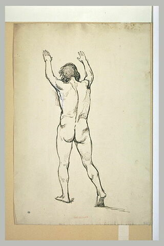 Homme nu, debout, de dos, les bras levés, image 1/1