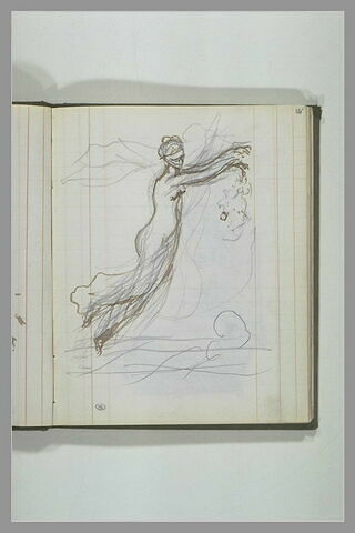 Femme, enveloppée de voiles, dans les airs, répandant des pétales de fleurs