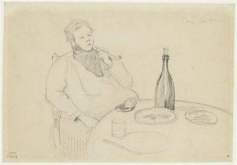 Portrait du peintre Grandjean à table fumant sa pipe