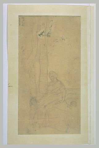 Femme portant un fagot, et deux enfants sous un arbre