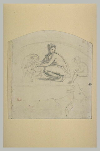 Jeune femme accroupie trayant une chèvre, et figure d'enfant nu, image 2/2
