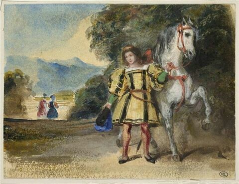 Page en costume Renaissance tenant un cheval dans un paysage, image 1/2